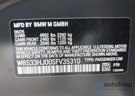 2025 BMW M3 Competition xDrive from USA, damaged, VIN WBS33HJ00SFV35310